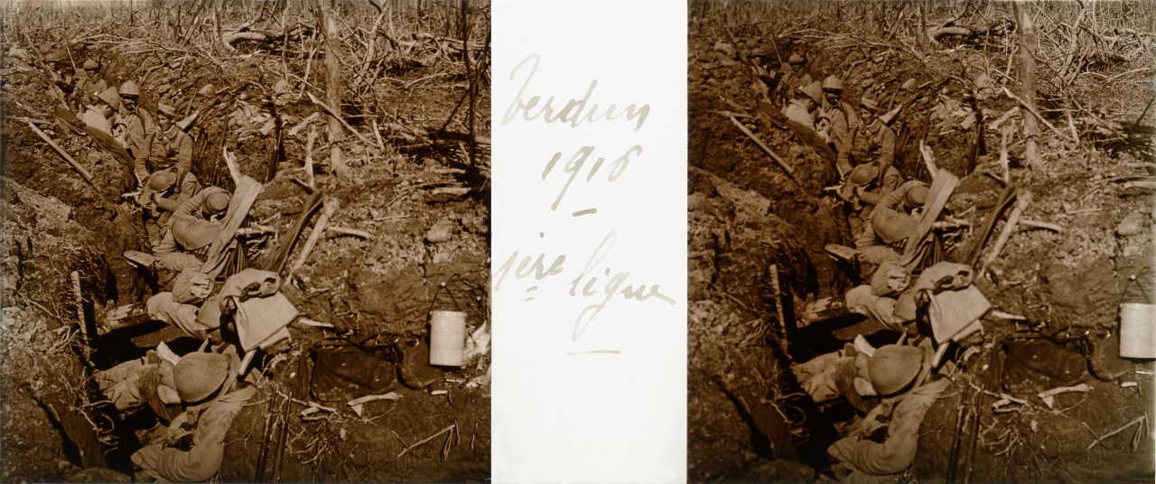 Slajd stereoskopowy. Francja, Verdun 1916. Na pierwszej linii frontu
